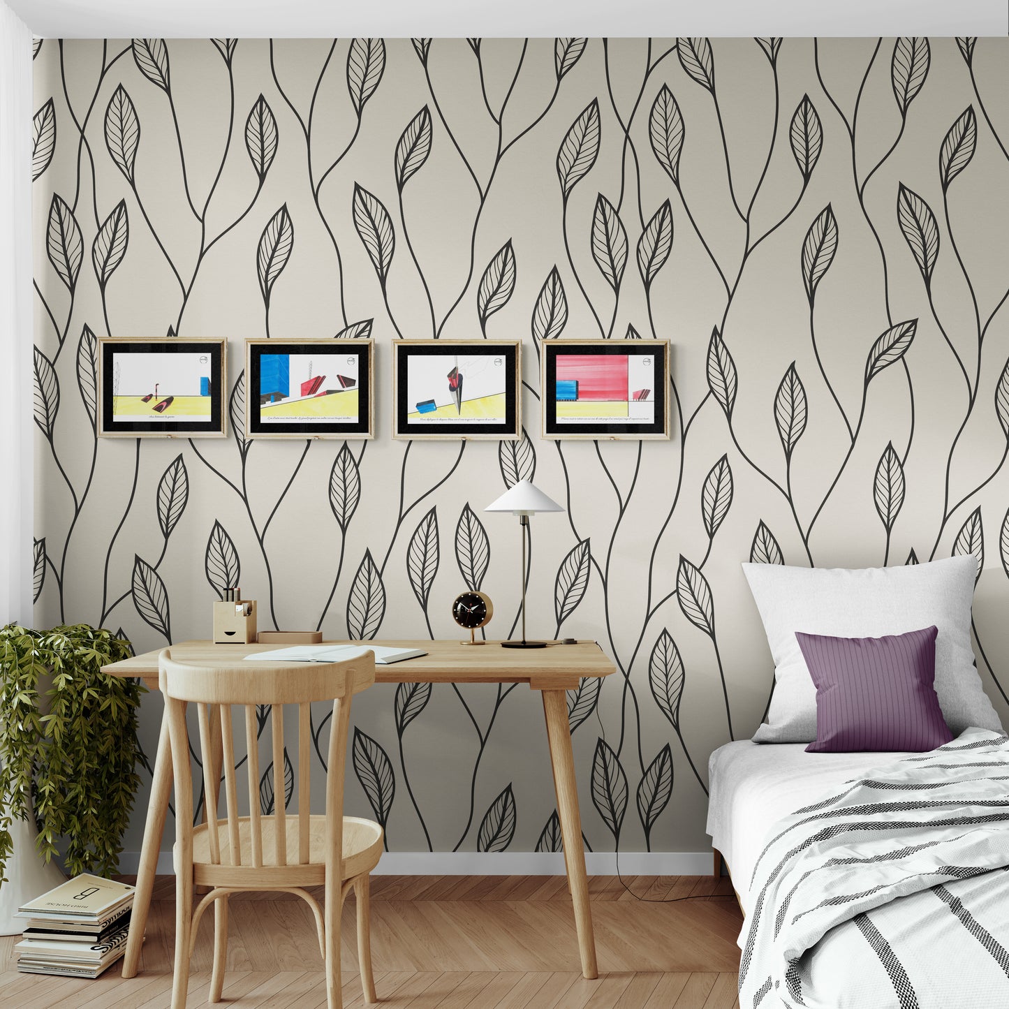 Affiches BD architecture 4 cases alignées au-dessus d'un bureau dans une chambre avec papier peint