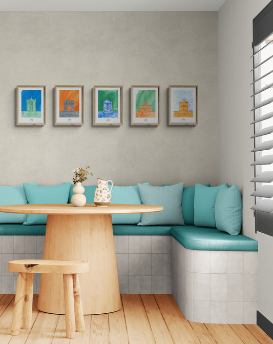 affiches de monuments romains dans un espace repas