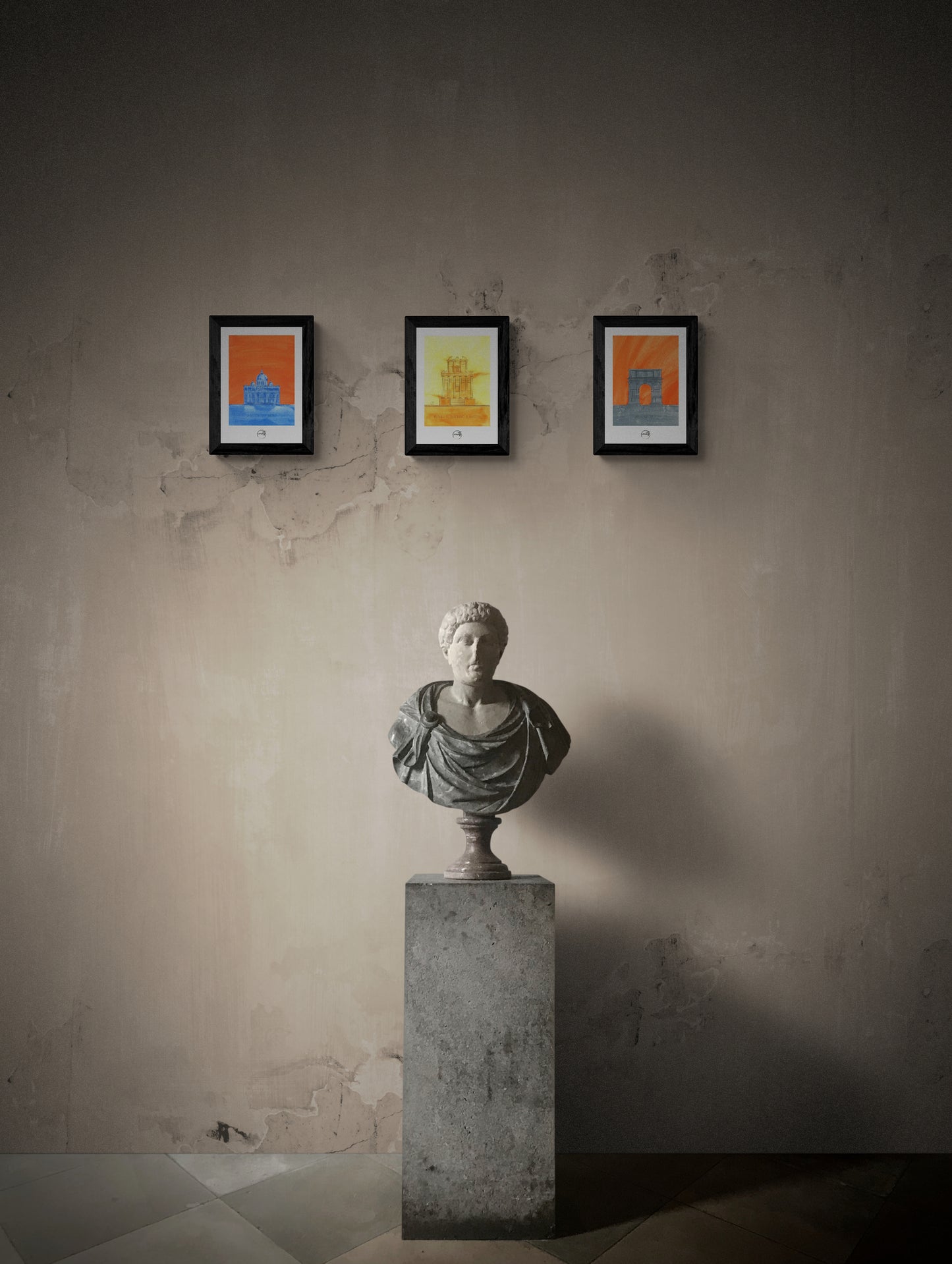 affiches de monuments romains au-dessus d'un buste d'empereur romain