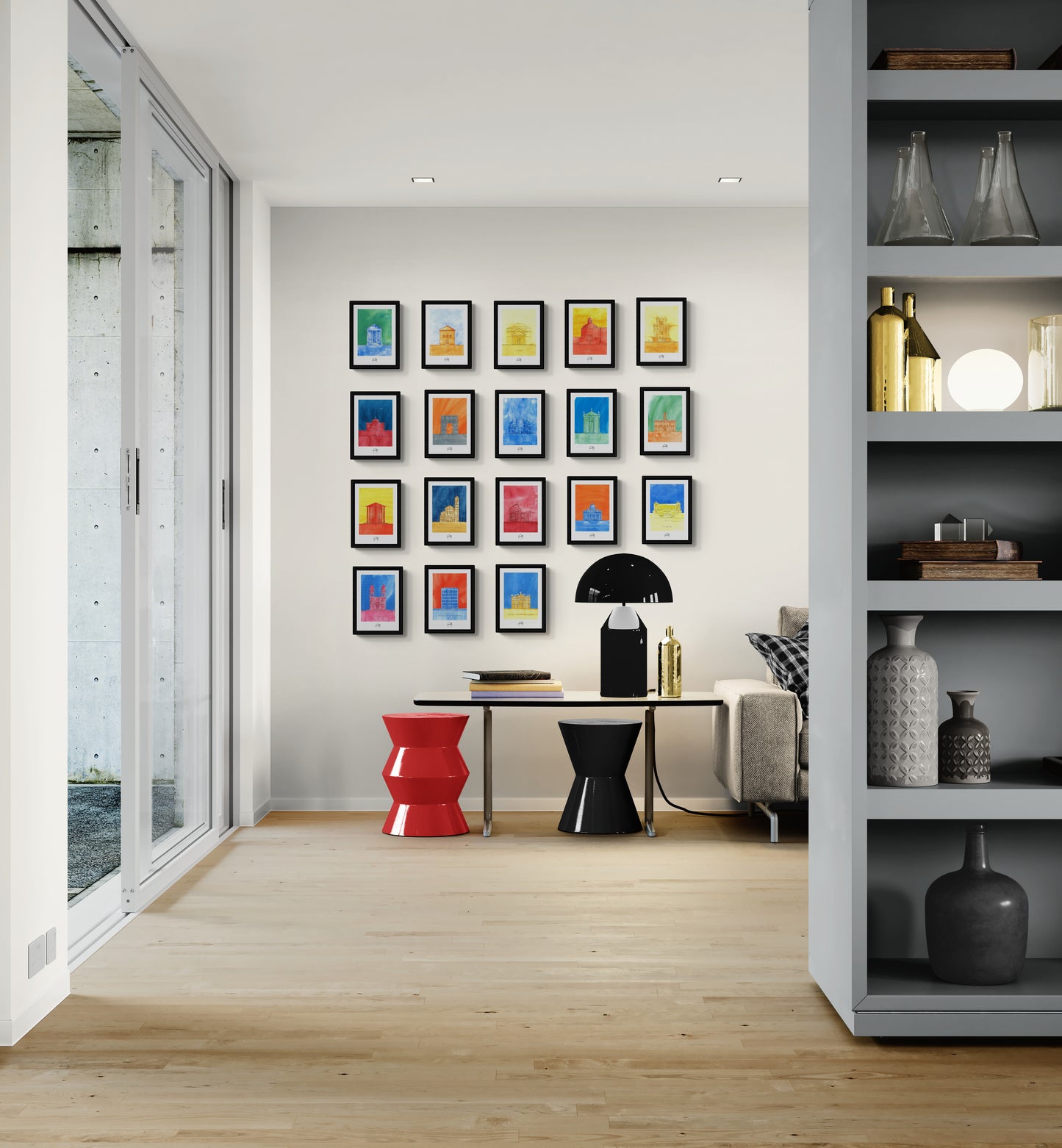 Collection de 18 affiches picturales colorées de monuments de Rome sur mur de bureau design