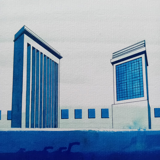 dessin d'architecture imaginaire représentant des murs de styles différents dans un musée