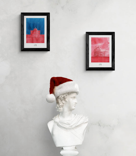 Deux affiches picturales colorées de monuments romains au-dessus d'un buste en marbre avec bonnet