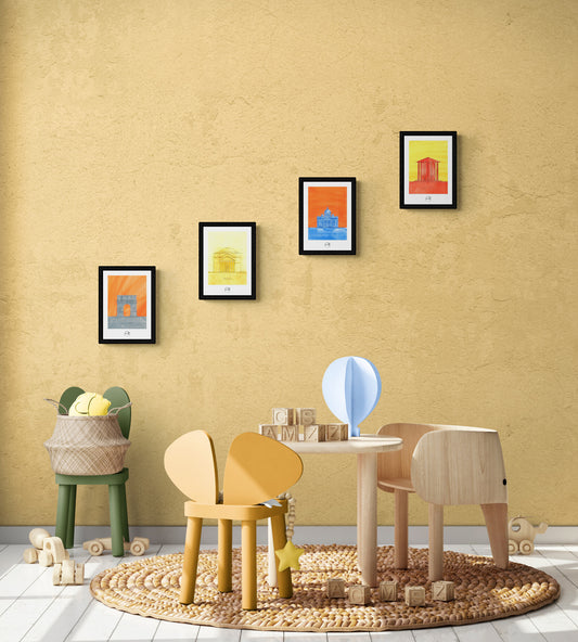4 affiches picturales colorées de monuments romains dans un espace de jeux pour enfants