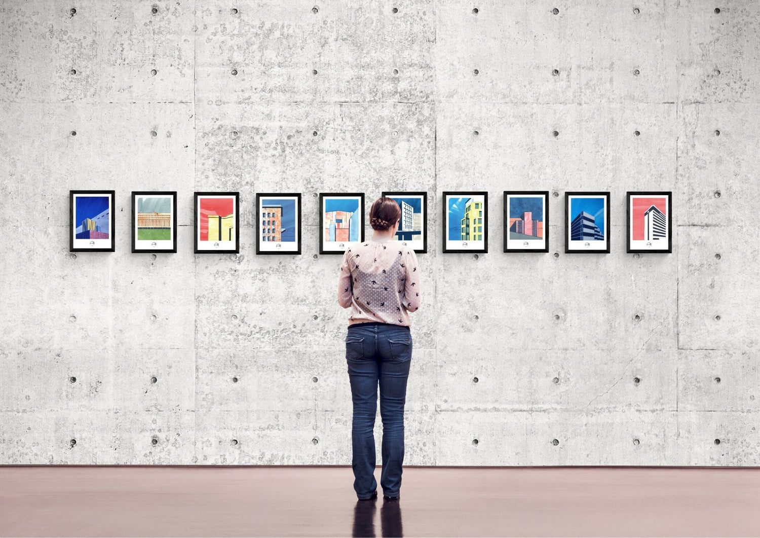 Collection 10 affiches architecture BERLIN - Illustrations artistiques originales exposées sur mur industriel