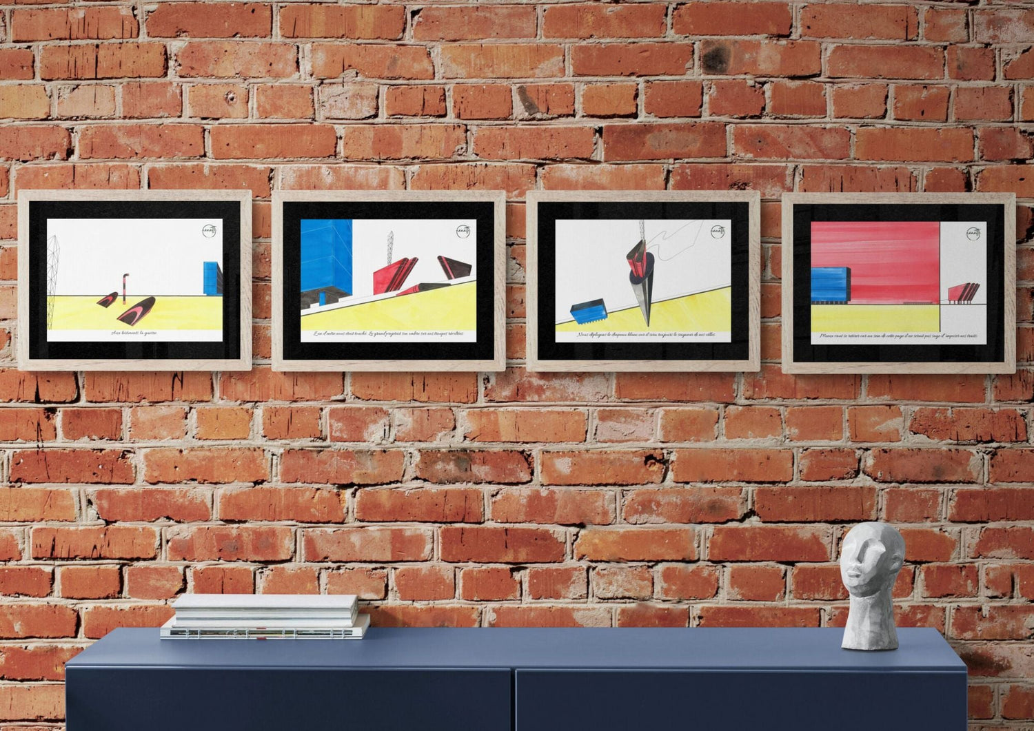 Collection 4 affiches bande dessinée architecture DUEL exposées sur mur de briques. Illustrations graphiques pour décoration stylée.