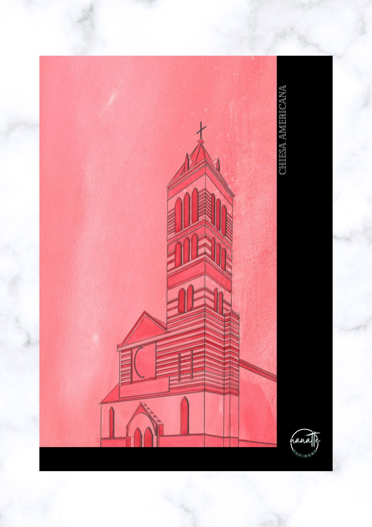affiche picturale église romaine avec rayures briques et campanile