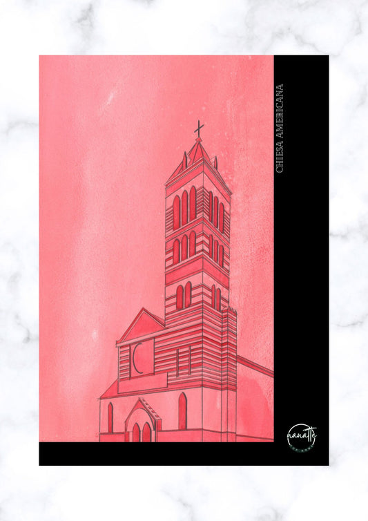 affiche picturale église romaine avec rayures briques et campanile