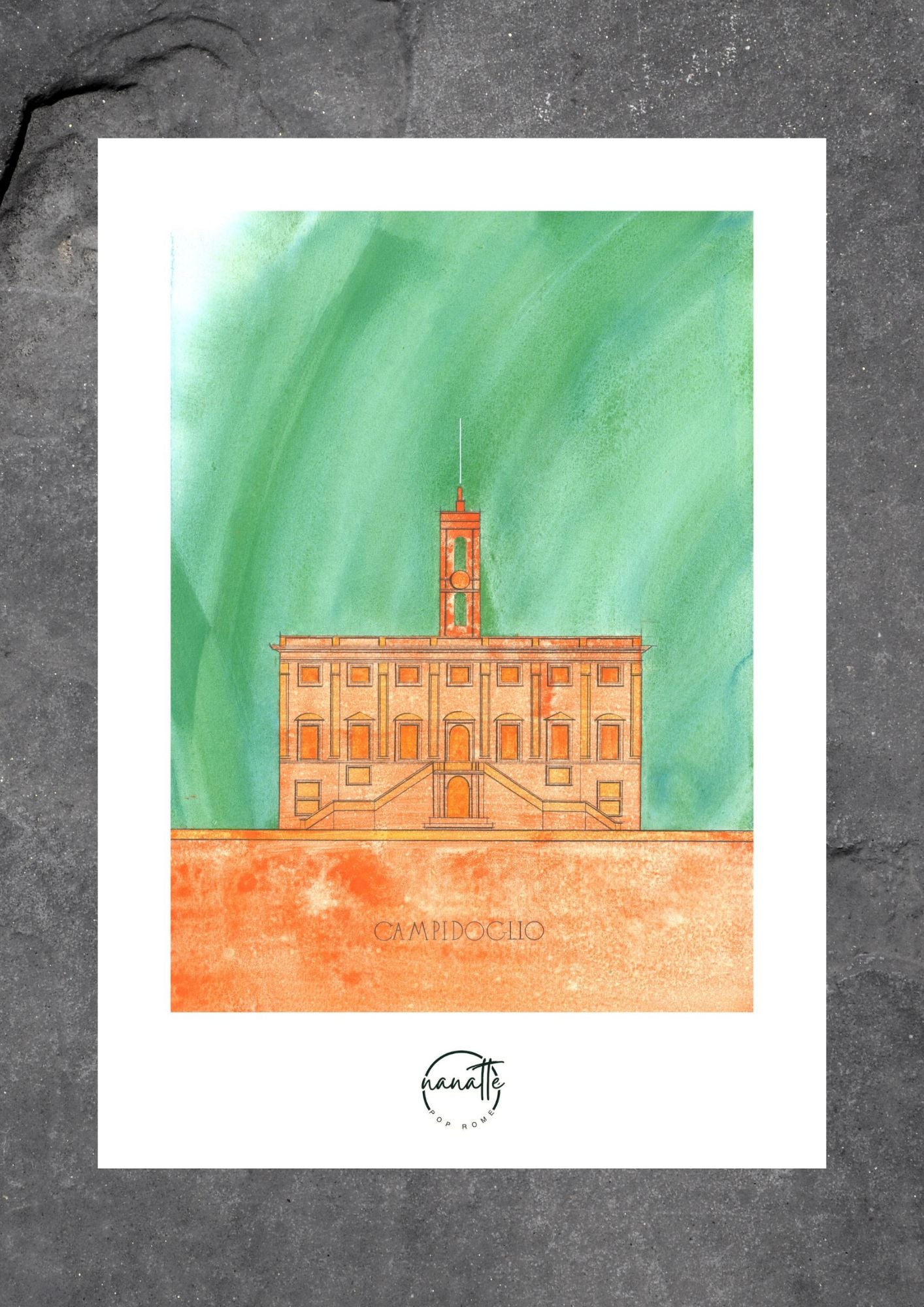 Affiche Pop Art colorée de la Place du Capitole à Rome en vert et orange