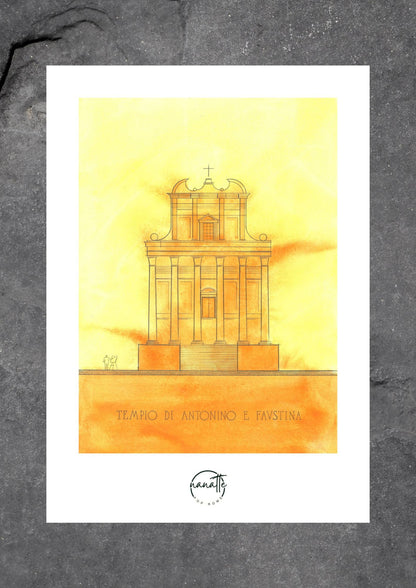 Affiche Pop Art colorée du Temple d'Antonin et Faustine à Rome en jaune et orange