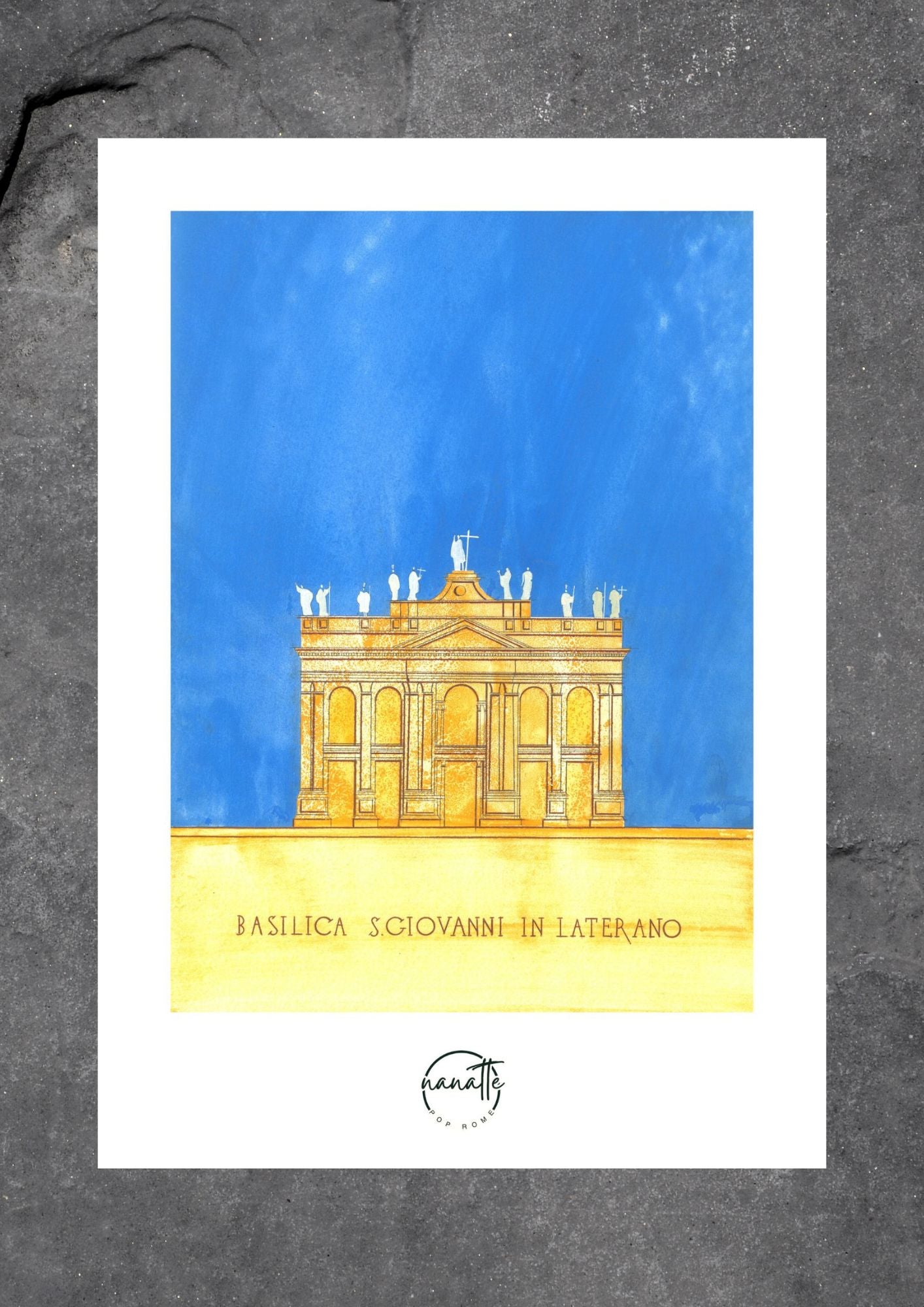 
Affiche Pop Art colorée de la Basilique Saint-Jean-de-Latran à Rome en ocre jaune et bleu