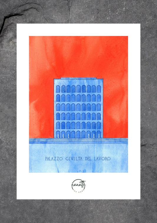 Affiche Pop Art colorée du Palais de la Civilisation Italienne à Rome en rouge et bleu