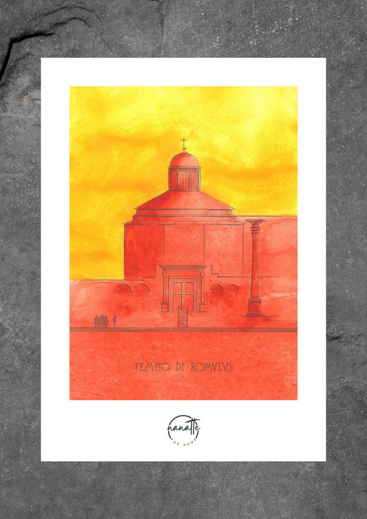 Affiche Pop Art colorée du Temple de Romulus à Rome en jaune et rouge