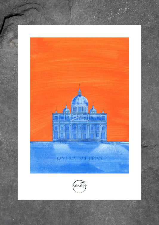 Affiche Pop Art colorée de la Basilique Saint-Pierre à Rome en orange et bleu