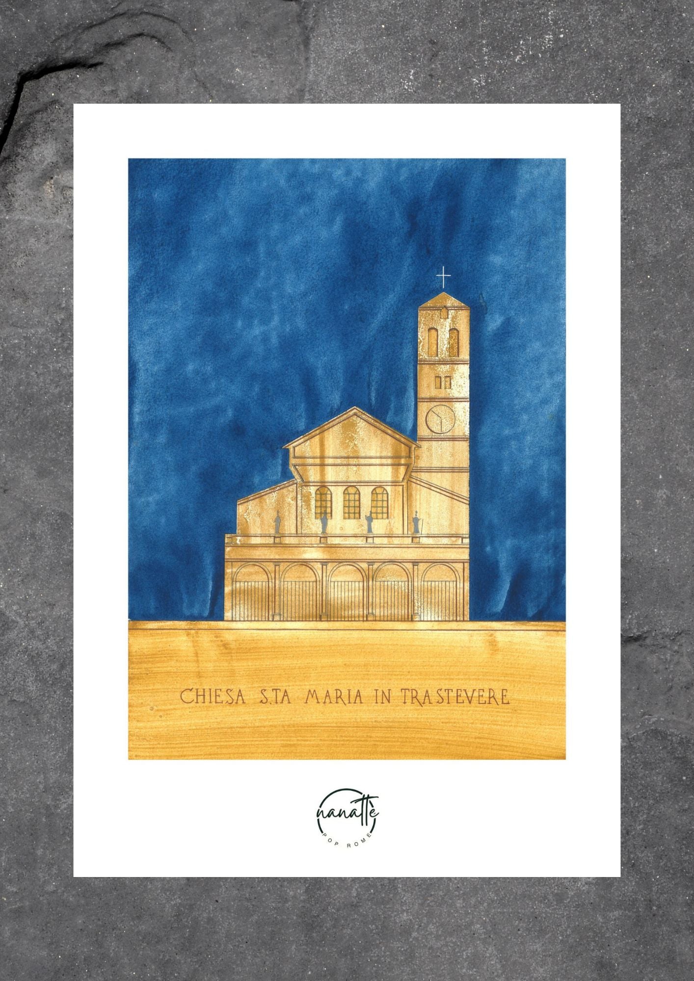 Affiche Pop Art colorée de l'Église Sainte-Marie du Trastevere à Rome en bleu et ocre