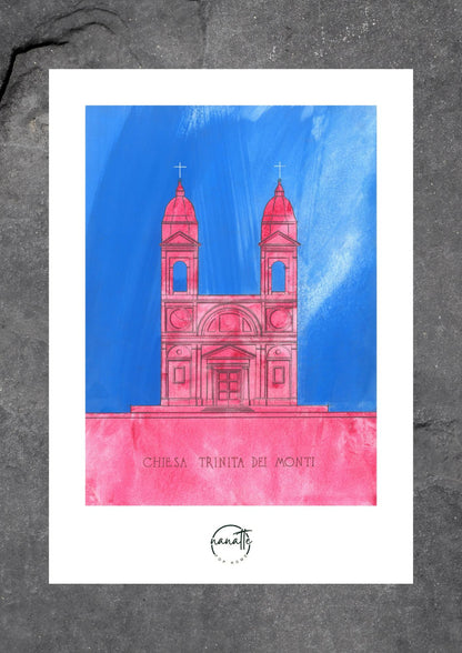 Affiche Pop Art colorée de l'Église de la Trinité-des-Monts à Rome en rose et bleu