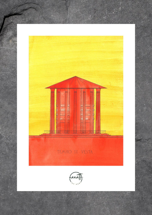 Affiche Pop Art colorée du Temple de Vesta à Rome en jaune et rouge
