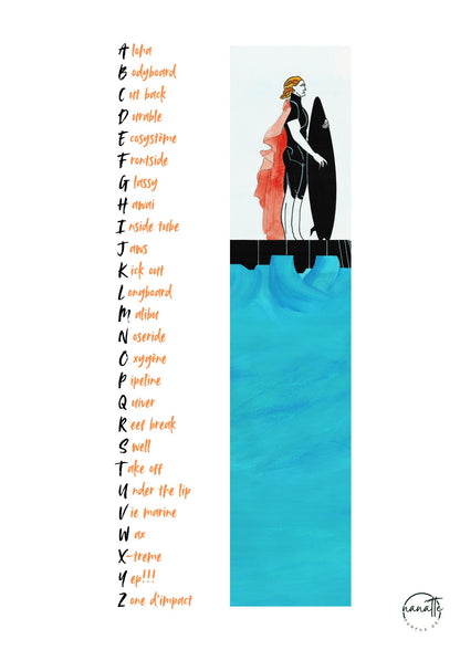 affiche d'un surfeur accompagné d'un abécédaire sur le vocabulaire du surf