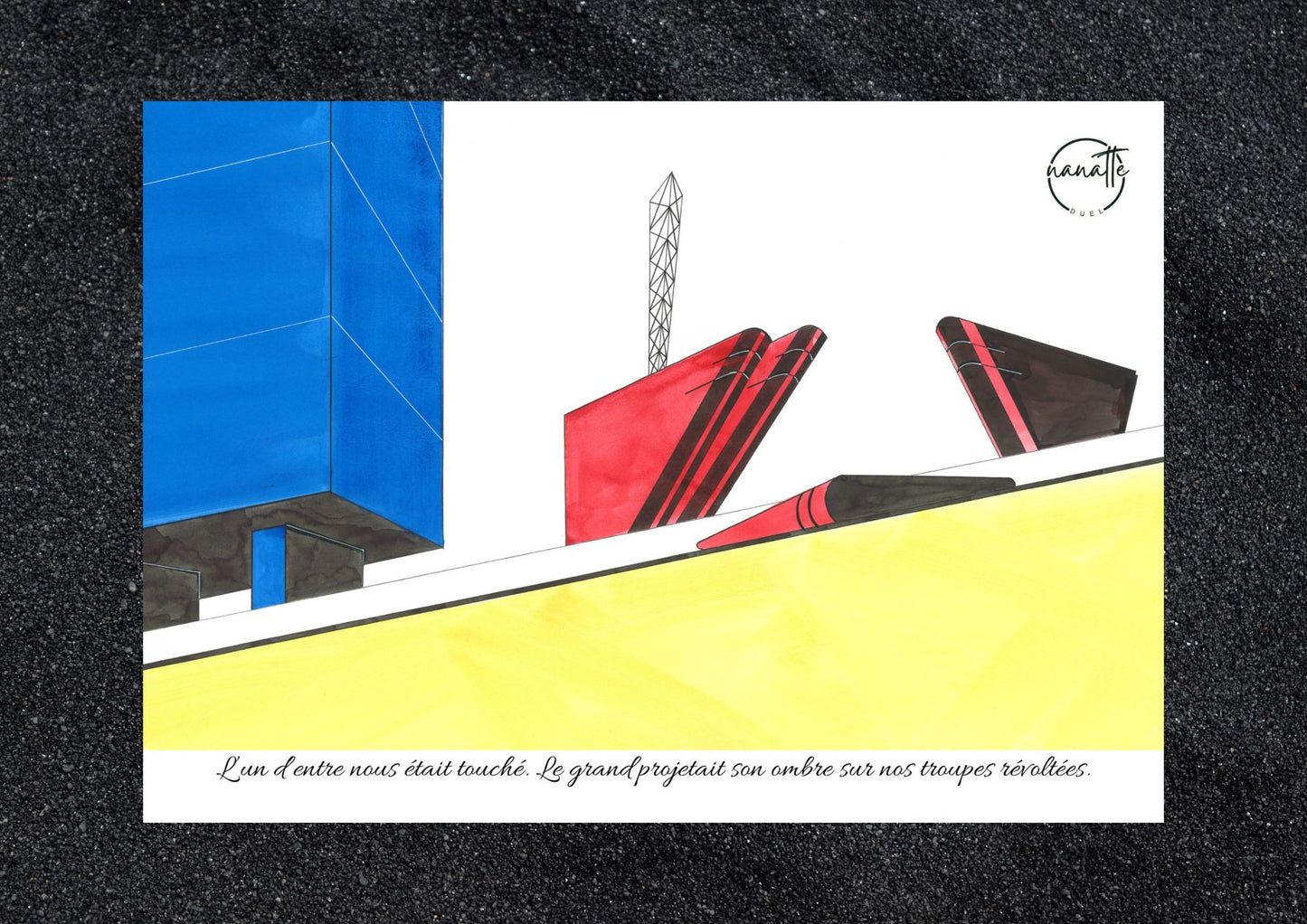 Affiche picturale petit bâtiment design couché au pied d'un énorme bâtiment minimaliste