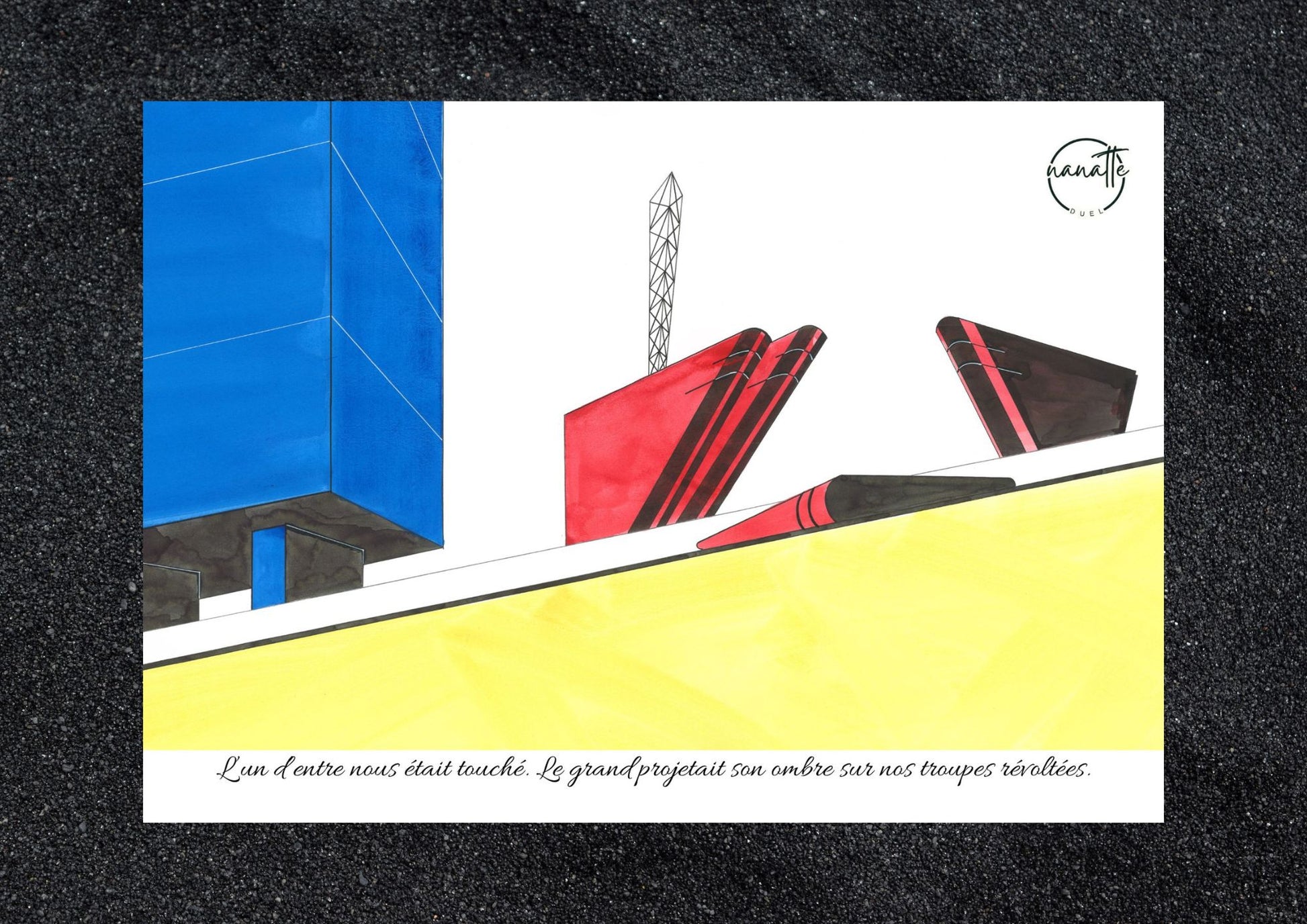 Affiche picturale petit bâtiment design couché au pied d'un énorme bâtiment minimaliste