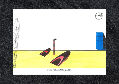 Affiche picturale bâtiment enterré avec un périscope observant  un autre édifice minimaliste