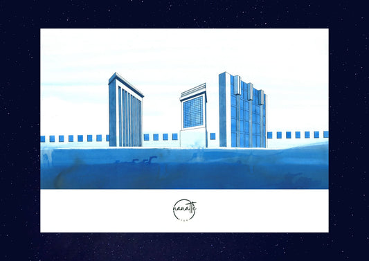 Affiche picturales 3 pans de murs d'architecture imaginaires dressés dans une galerie de musée