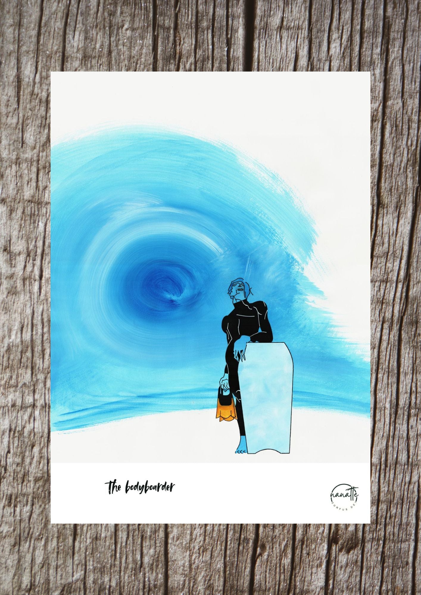 Affiche  picturale bodyboarder  avec planches et palmes devant tube eau