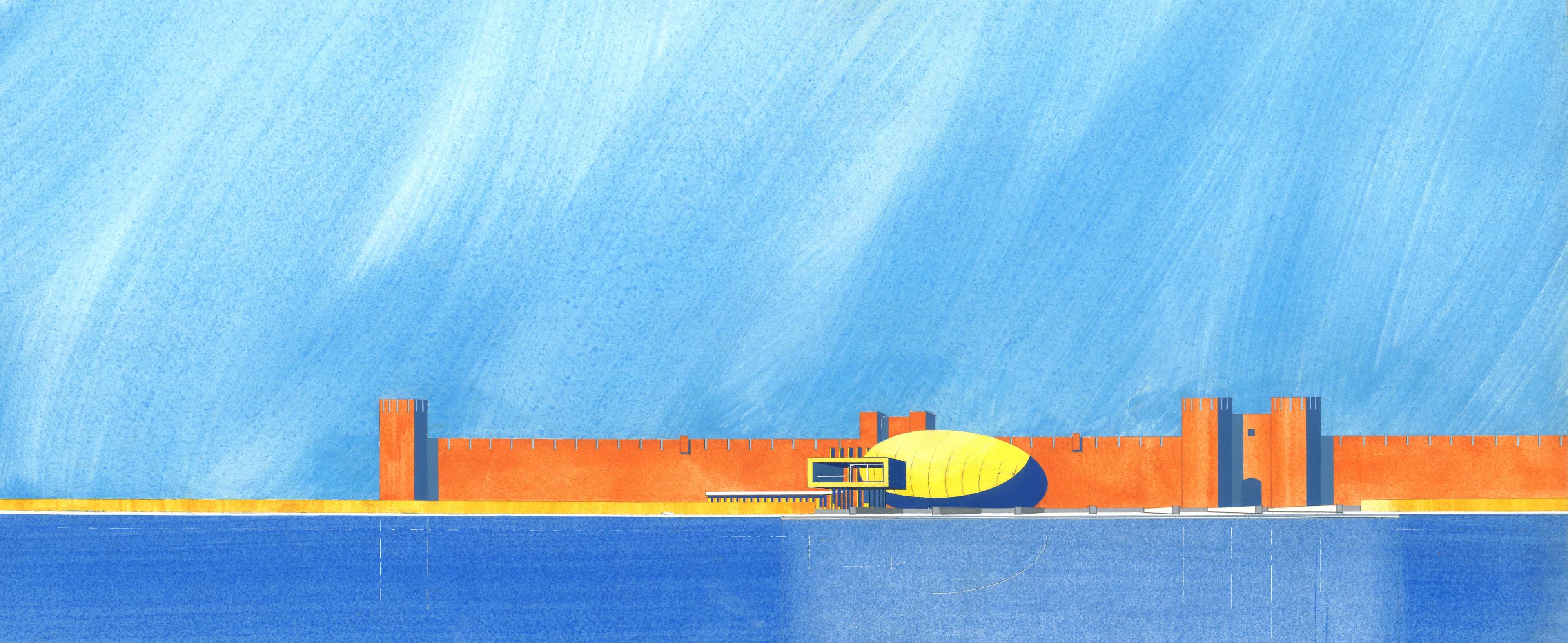 Affiche picturale architecture imaginaire au pieds de remparts historiques sur le littoral français