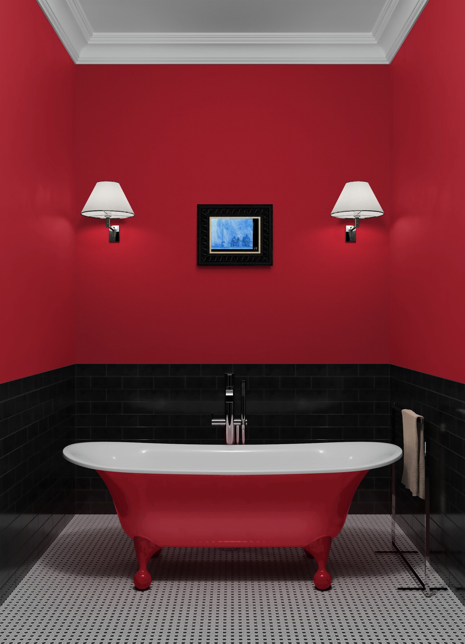 Affiche picturale Piazza del Popolo sur mur rouge entre appliques avec baignoire ancienne et décoration élégante