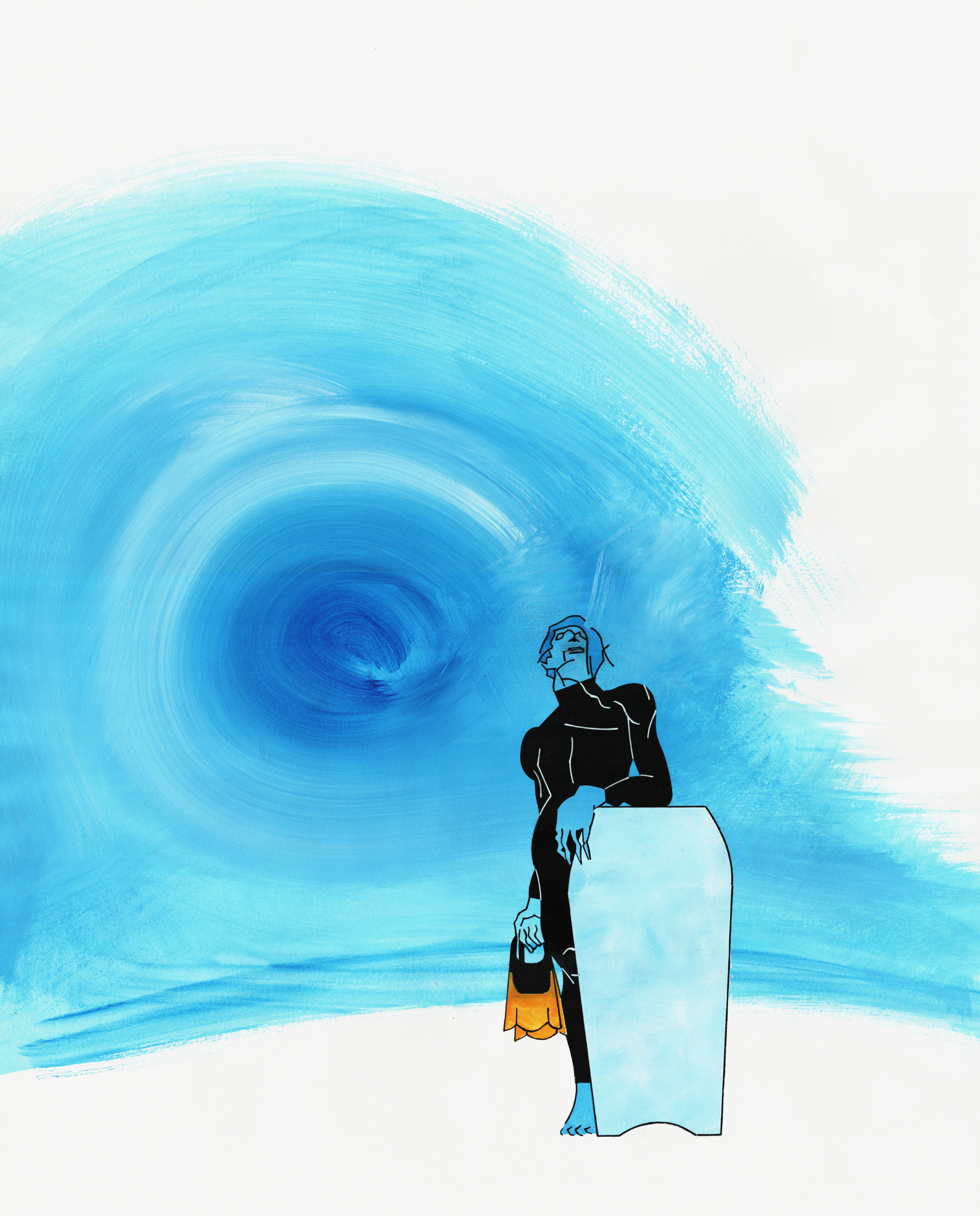 Détail affiche picturale surf bodyboarder devant un tube d'eau stylisé