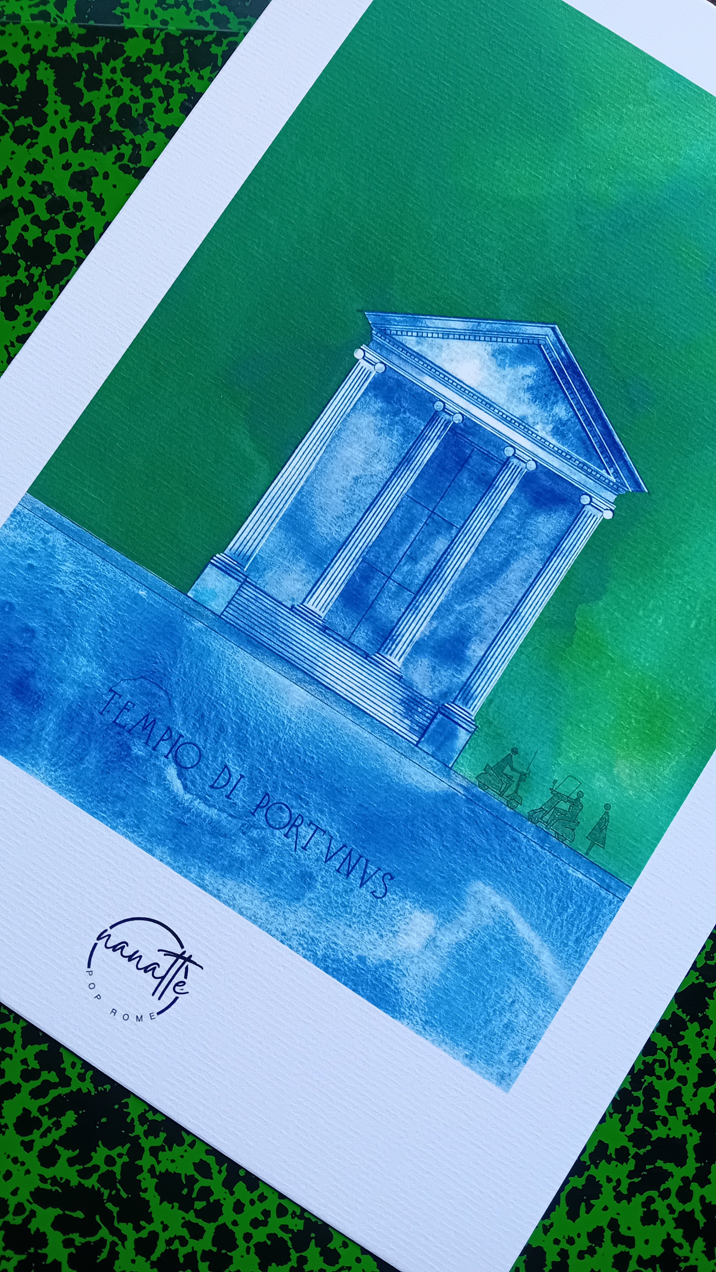 Affiche picturale bleu et vert du Temple de Portunus à Rome sur carton à dessins
