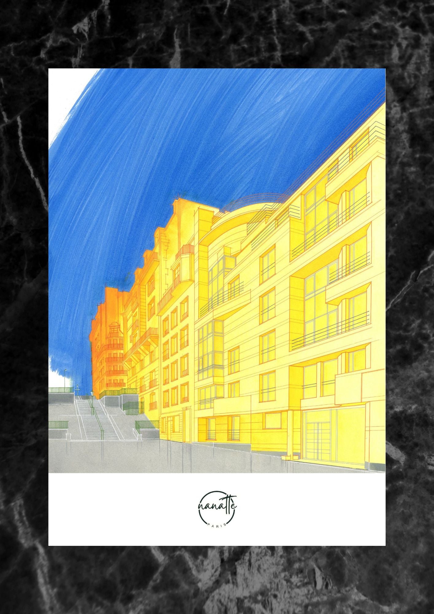 Affiche picturale rue immeuble style art déco Montmartre Paris