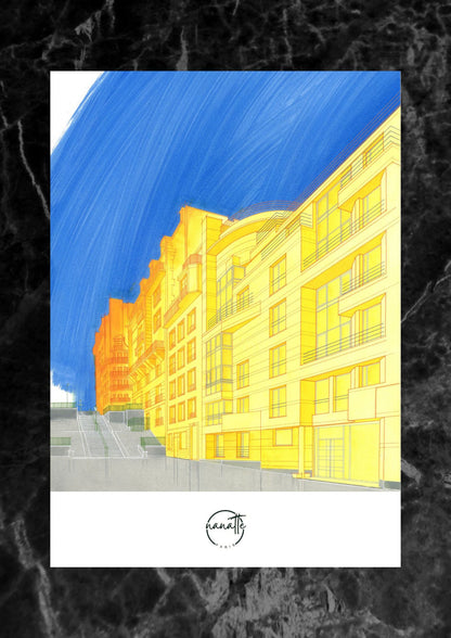 Affiche picturale rue immeuble style art déco Montmartre Paris