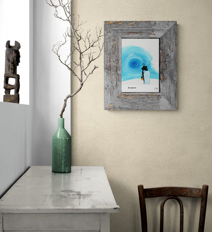 Affiche picturale bodyboarder au-dessus d'une console avec vase et brindille