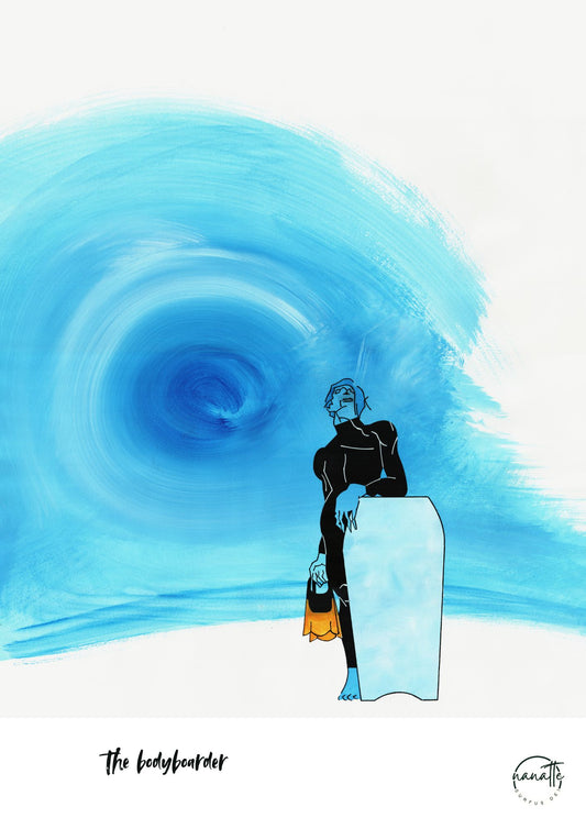 affiche d'un surfeur avec son bodyboard devant un rouleau d'eau