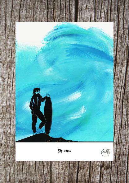 Affiche picturale surfeur avec casque devant vague