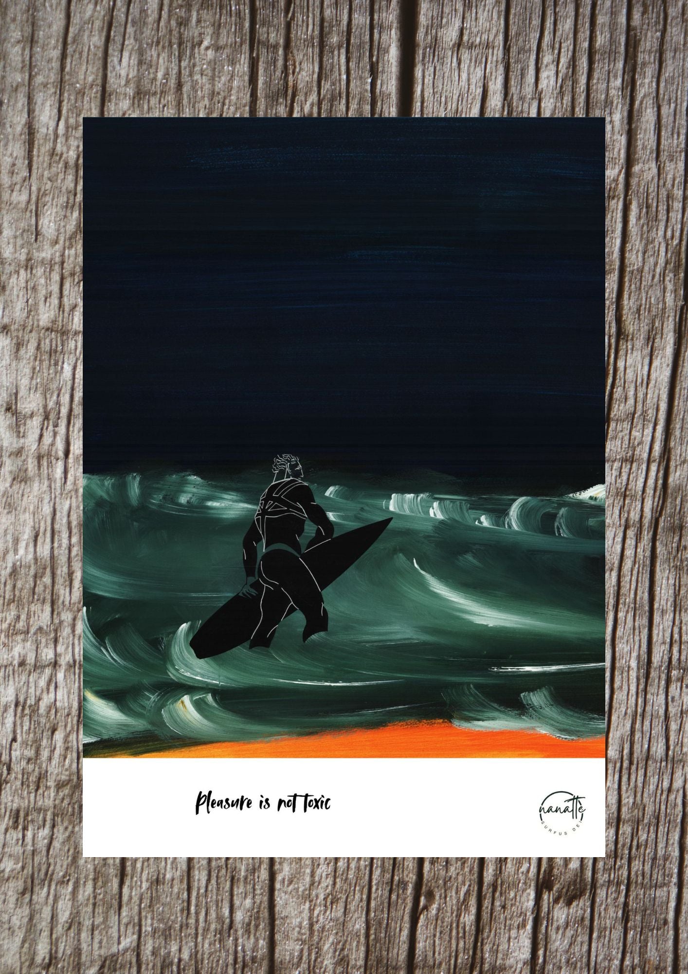 Affiche picturale surfeur entrant dans l'eau la nuit