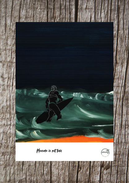 Affiche picturale surfeur entrant dans l'eau la nuit