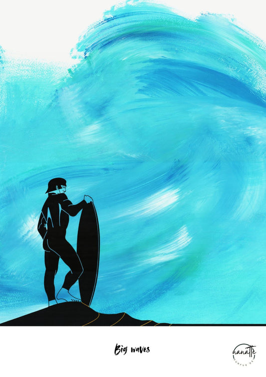 affiche d'un surfeur de grosses vagues