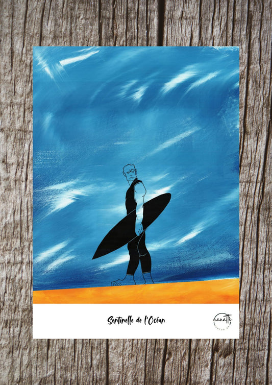 Affiche picturale surfeur marchant sur plage