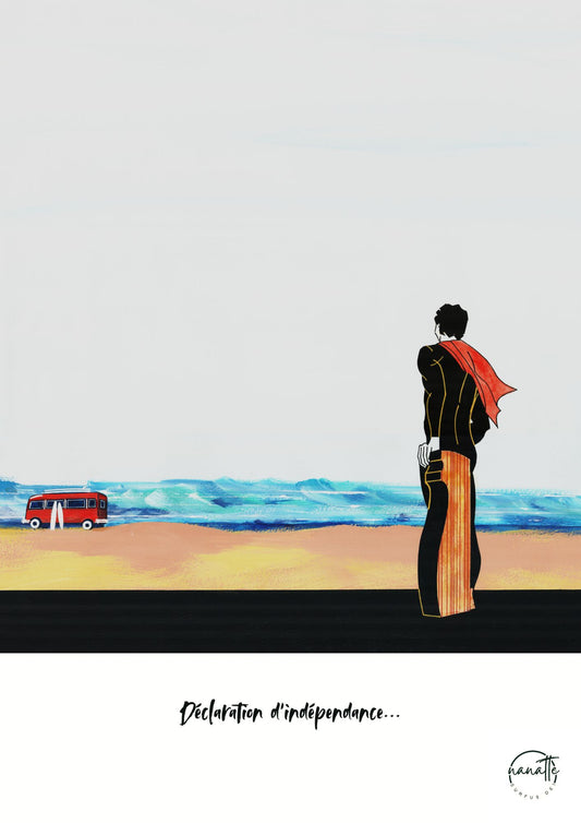 affiche d'un surfeur sur la plage avec son van