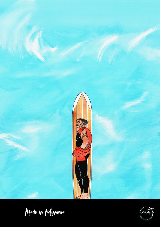 affiche d'un surfeur polynésien tatoué et sa planche de surf