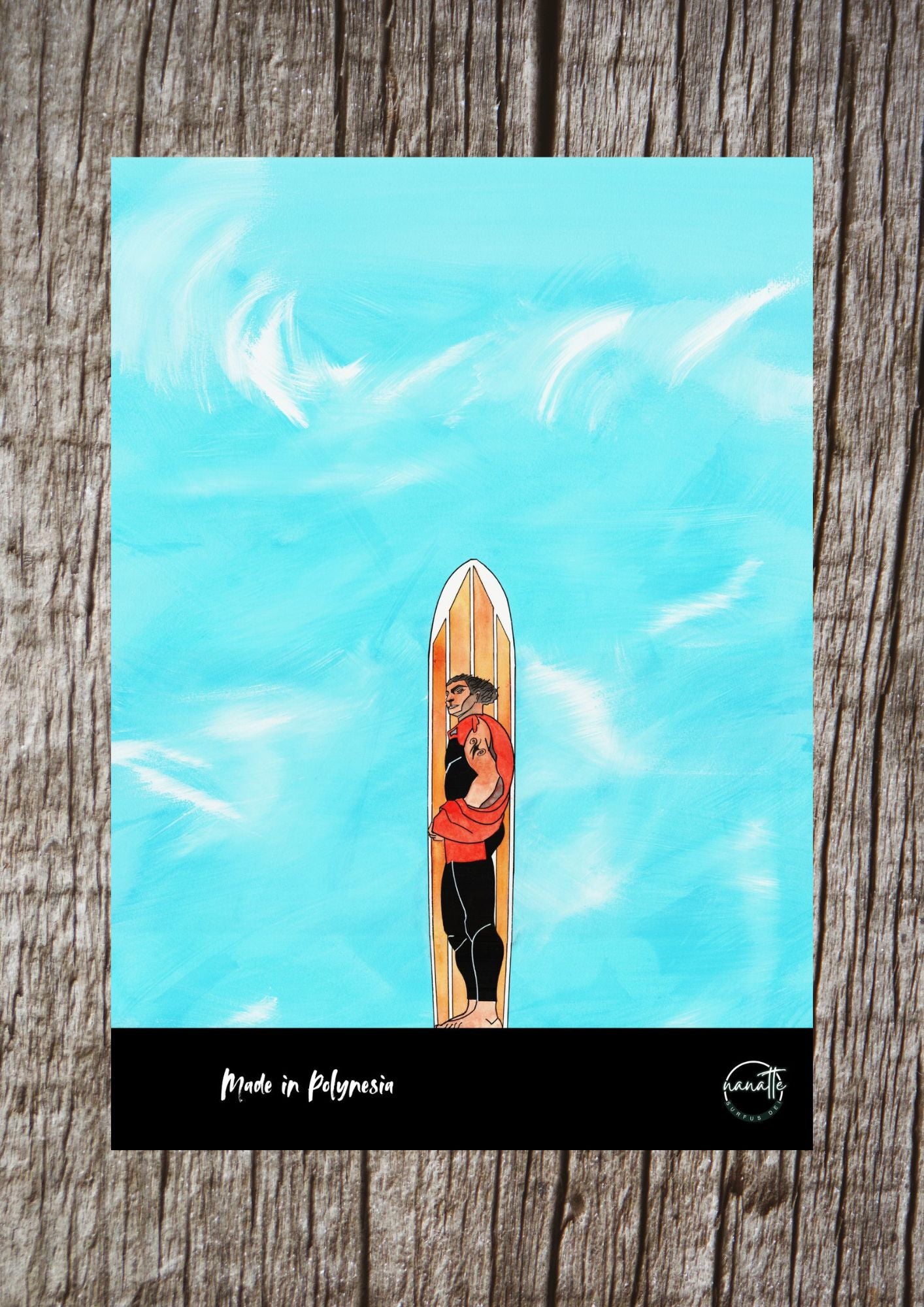 Affiche picturale surfeur polynésien devant un mur de vagues stylisées