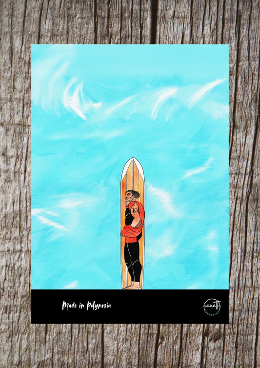 Affiche picturale surfeur polynésien devant un mur de vagues stylisées
