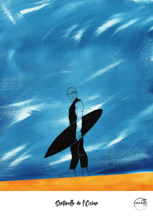 affiche d'un surfeur marchant sur la plage