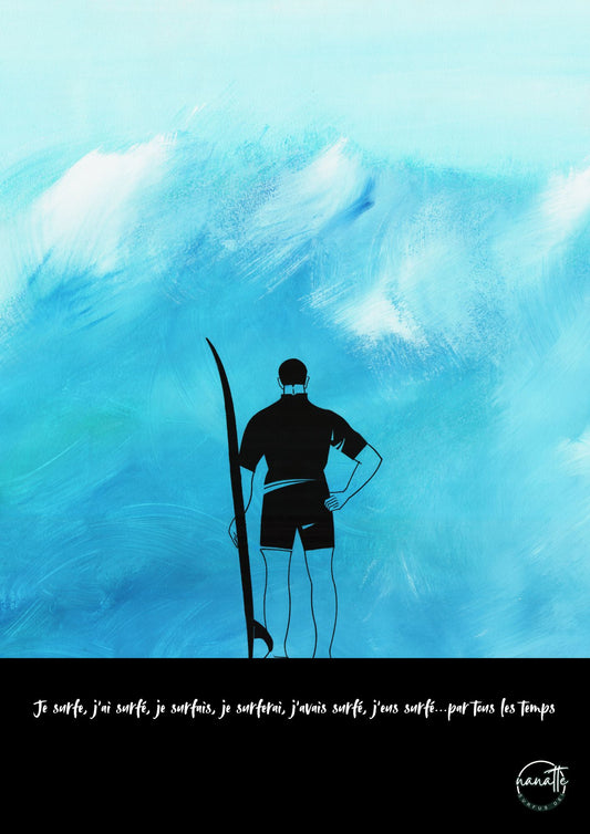 affiche d'un surfeur debout devant une vague avec conjugaisons du verbe surfer 
