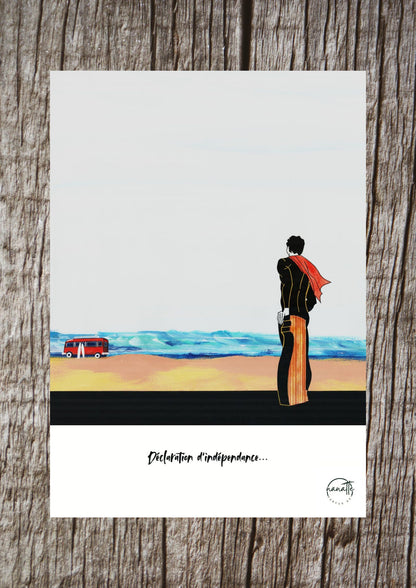Affiche picturale surfeur observant les vagues, son van au loin sur la plage