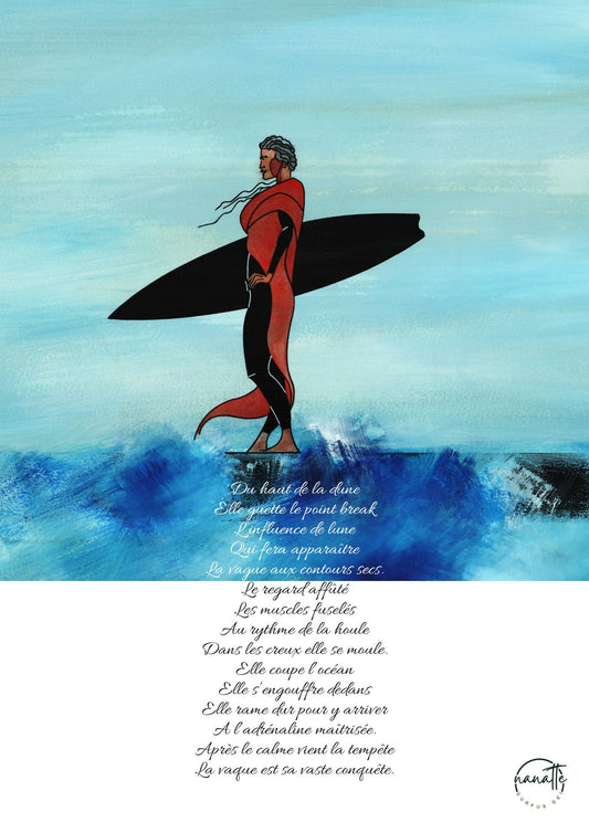 affiche d'une surfeuse observant l'océan et poème