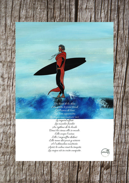 affiche picturale surfeuse observant l'océan