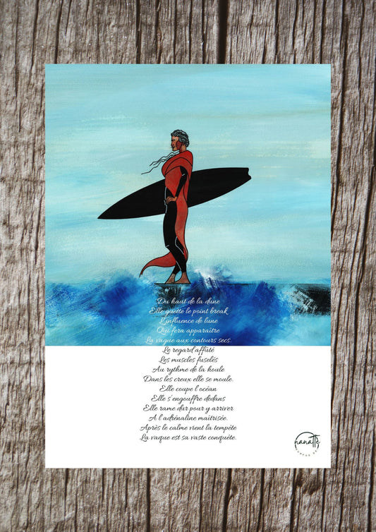 affiche picturale surfeuse observant l'océan