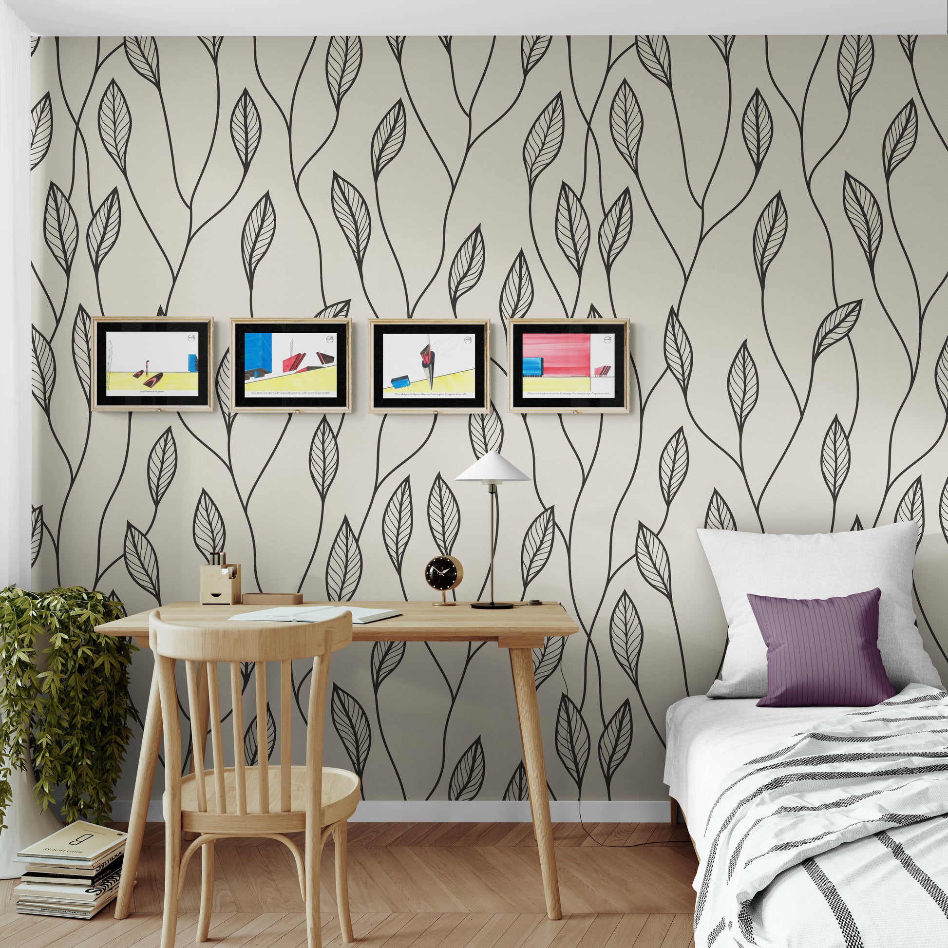 Affiches BD architecture 4 cases alignées au-dessus d'un bureau dans une chambre avec papier peint